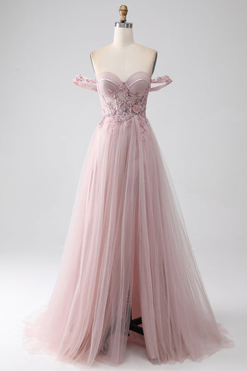Off the Shoulder A Line Beaded Formal Dress with Slit